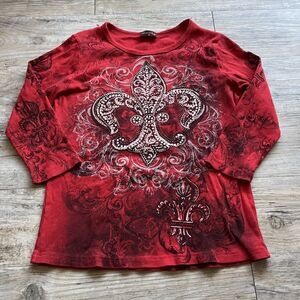 Y2K Flower Ring Long Sleeve Women's Small Red Black Gem Old Skool